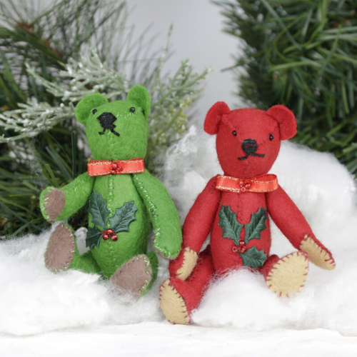 Teddy bear Christmas decorations in red or green felt