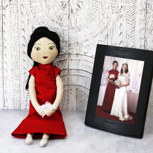 Commissioned example of doll in replica bridesmaid dress