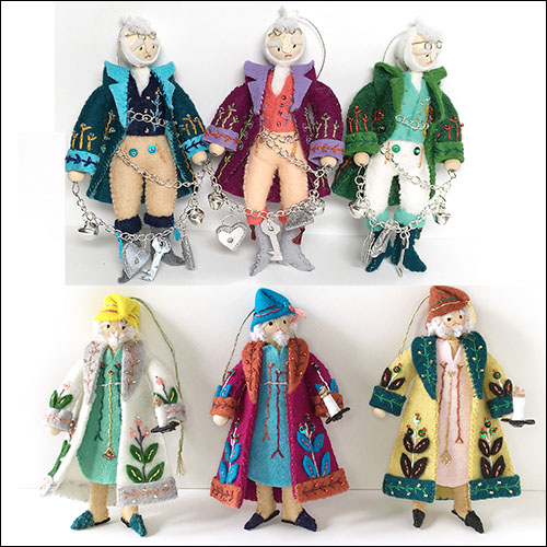 Felt Christmas tree decorations depicting Ebenezer Scrooge and Marley's Ghost