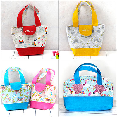 Collage of toy tote bags for young child