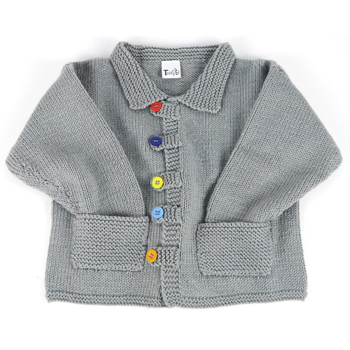Jacket for toddler hand knitted in grey with various brightly coloured buttons