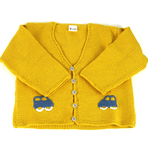 Hand knitted baby jacket in yellow with blue car motifs