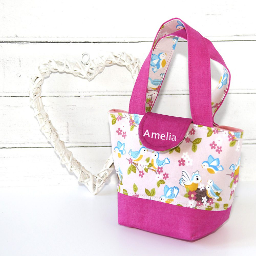 Toy tote bag for child personalised in pink with baby birds