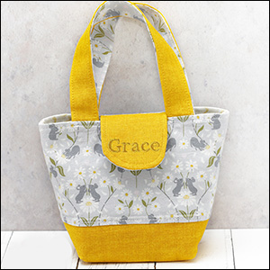 child's toy tote bag in yellow with mice and daisies print